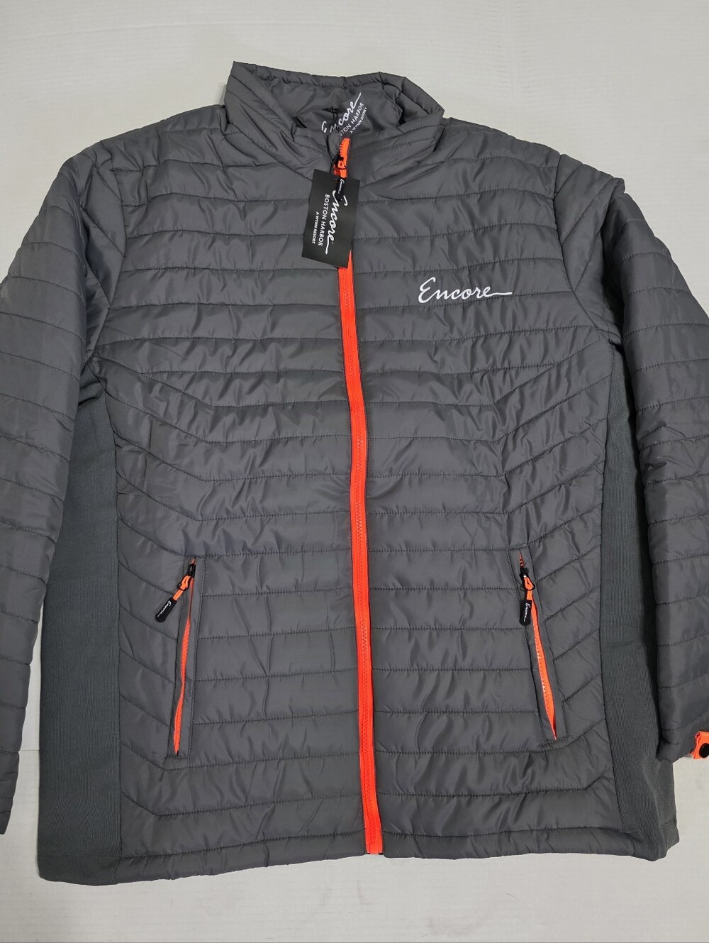 Encore Boston Harbor Puffer Jacket Mens 2XL Gray w Orange Accents New